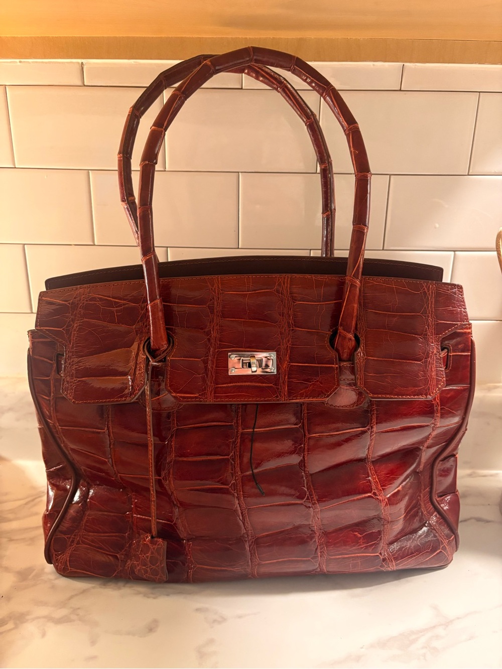 Vintage Ferrini Italia Croc Embossed Leather Birkin Style Tote Bag Made in Italy